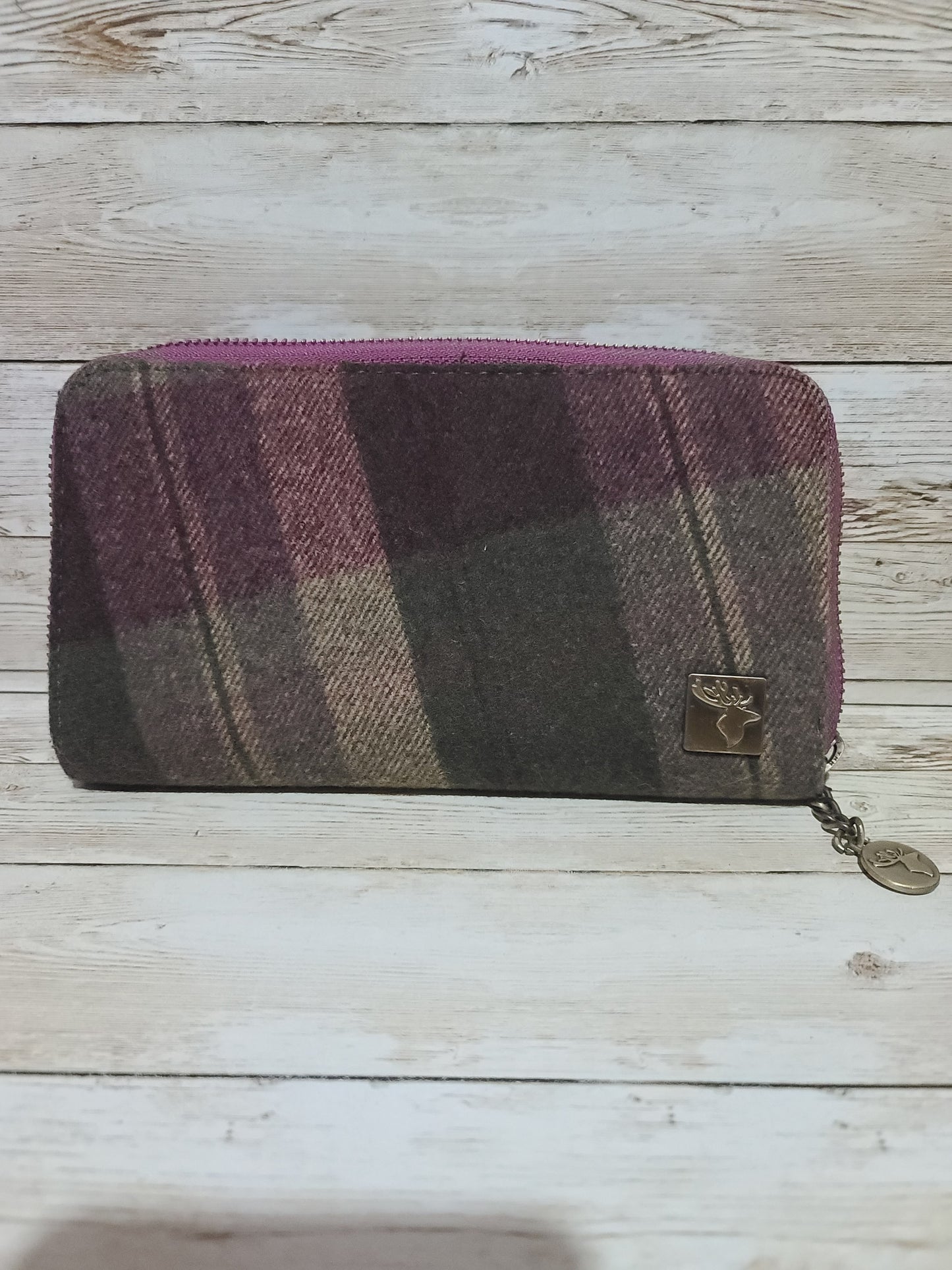 House of Tweed Zip Around Purse Wallet Stag Logo Wool Tweed VGC 20cmPre loved