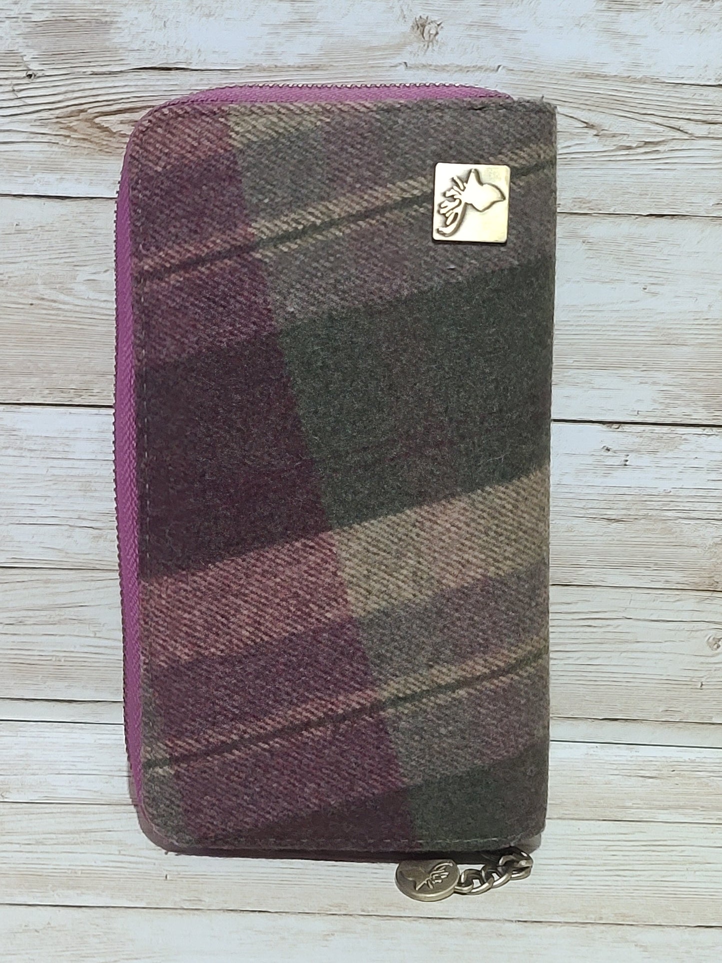 House of Tweed Zip Around Purse Wallet Stag Logo Wool Tweed VGC 20cmPre loved