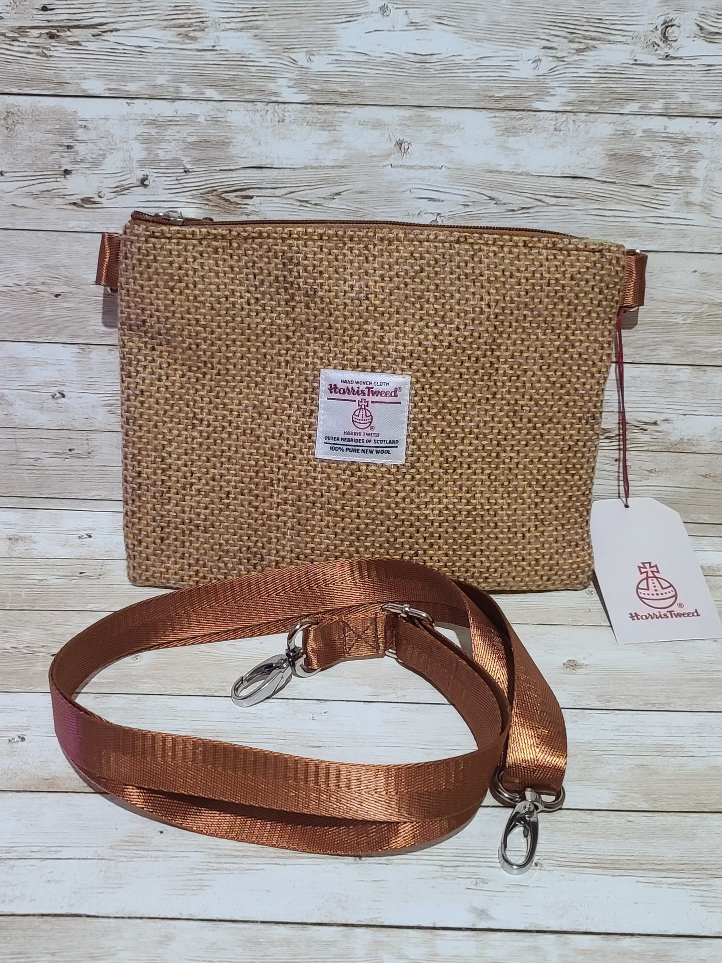 Harris Tweed Mustard Crossbody Clutch Bag BNWT Floral Lining Gold Strap