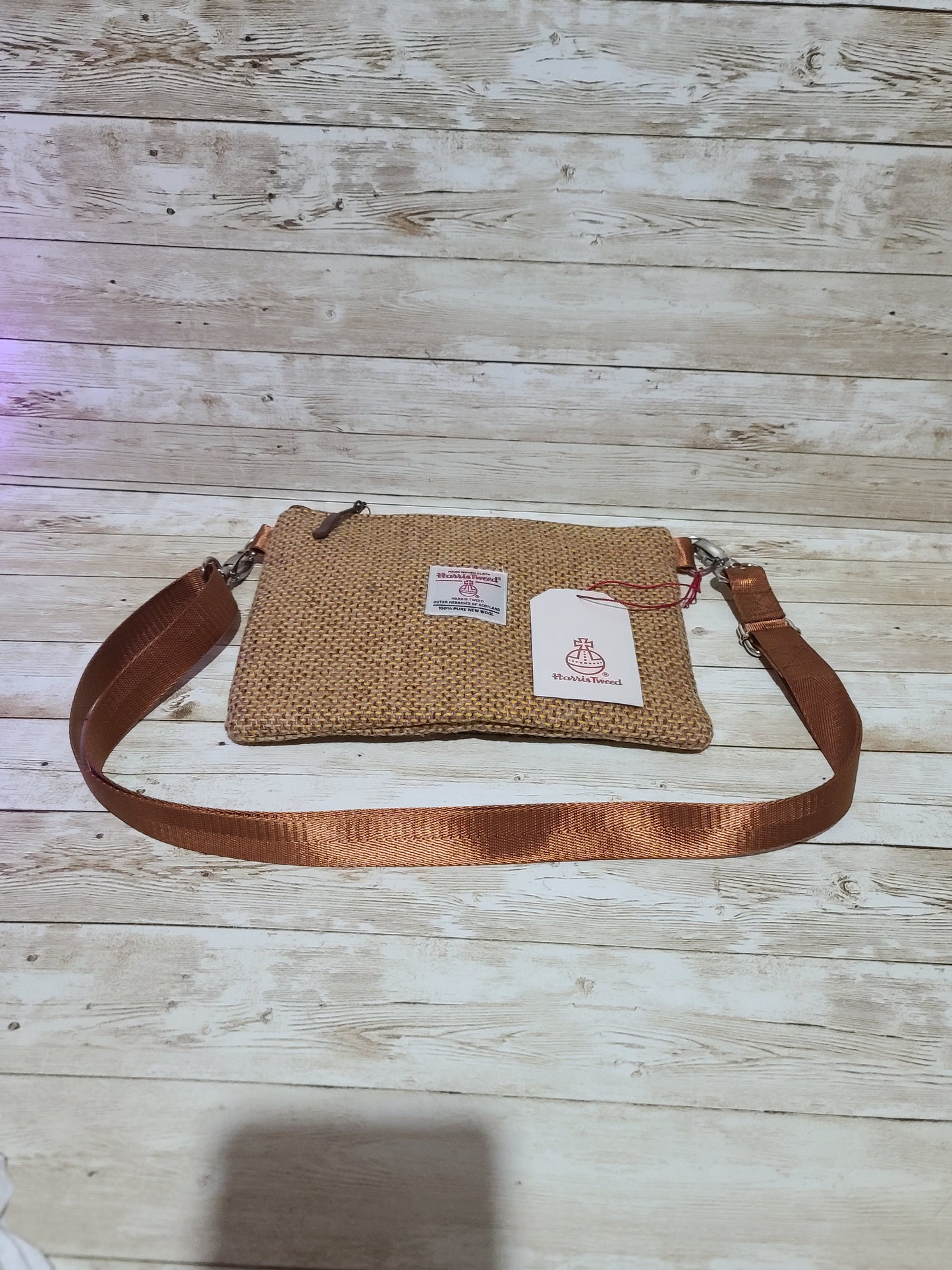 Harris Tweed Mustard Crossbody Clutch Bag BNWT Floral Lining Gold Strap