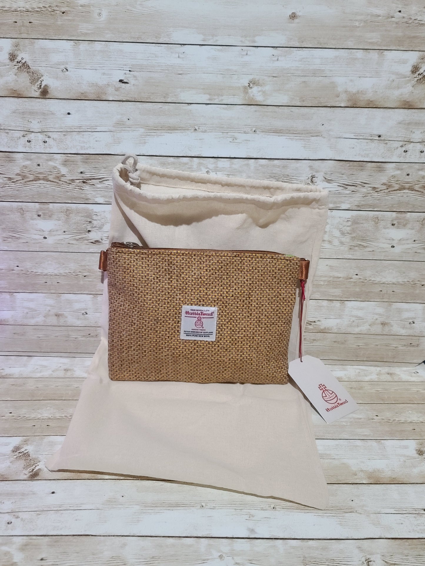 Harris Tweed Mustard Crossbody Clutch Bag BNWT Floral Lining Gold Strap