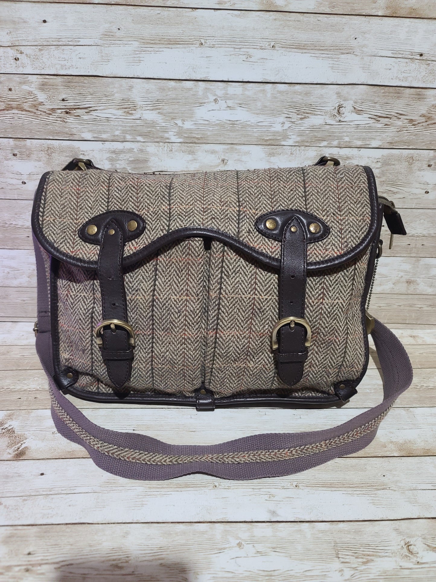 Dents Tweed & Leather Satchel Bag Brown Herringbone Crossbody Heritage 32cm Preloved