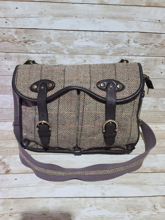 Dents Tweed & Leather Satchel Bag Brown Herringbone Crossbody Heritage 32cm Preloved