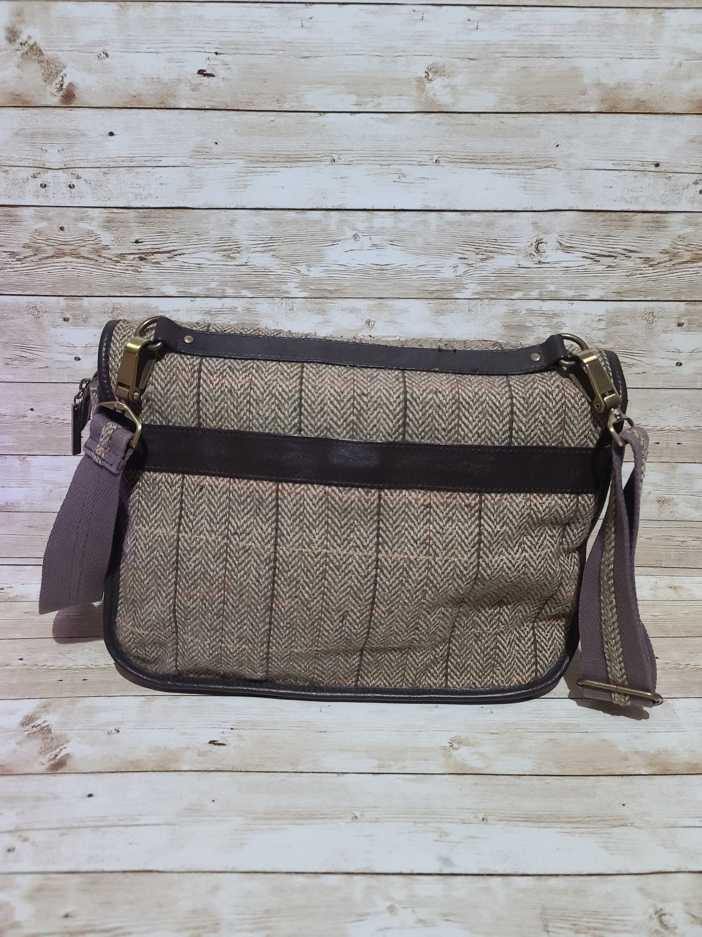 Dents Tweed & Leather Satchel Bag Brown Herringbone Crossbody Heritage 32cm Preloved