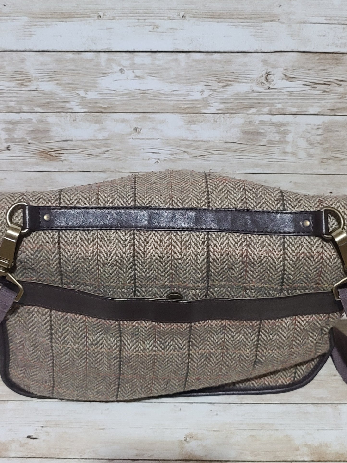 Dents Tweed & Leather Satchel Bag Brown Herringbone Crossbody Heritage 32cm Preloved