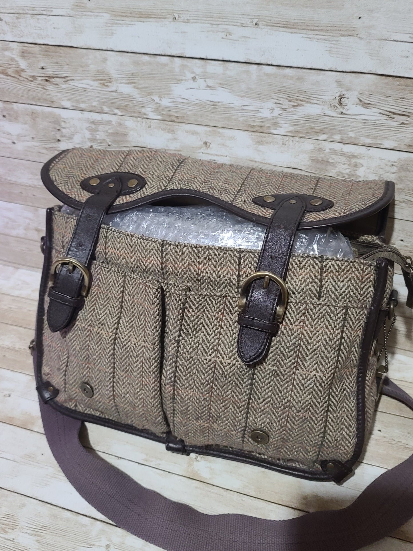 Dents Tweed & Leather Satchel Bag Brown Herringbone Crossbody Heritage 32cm Preloved