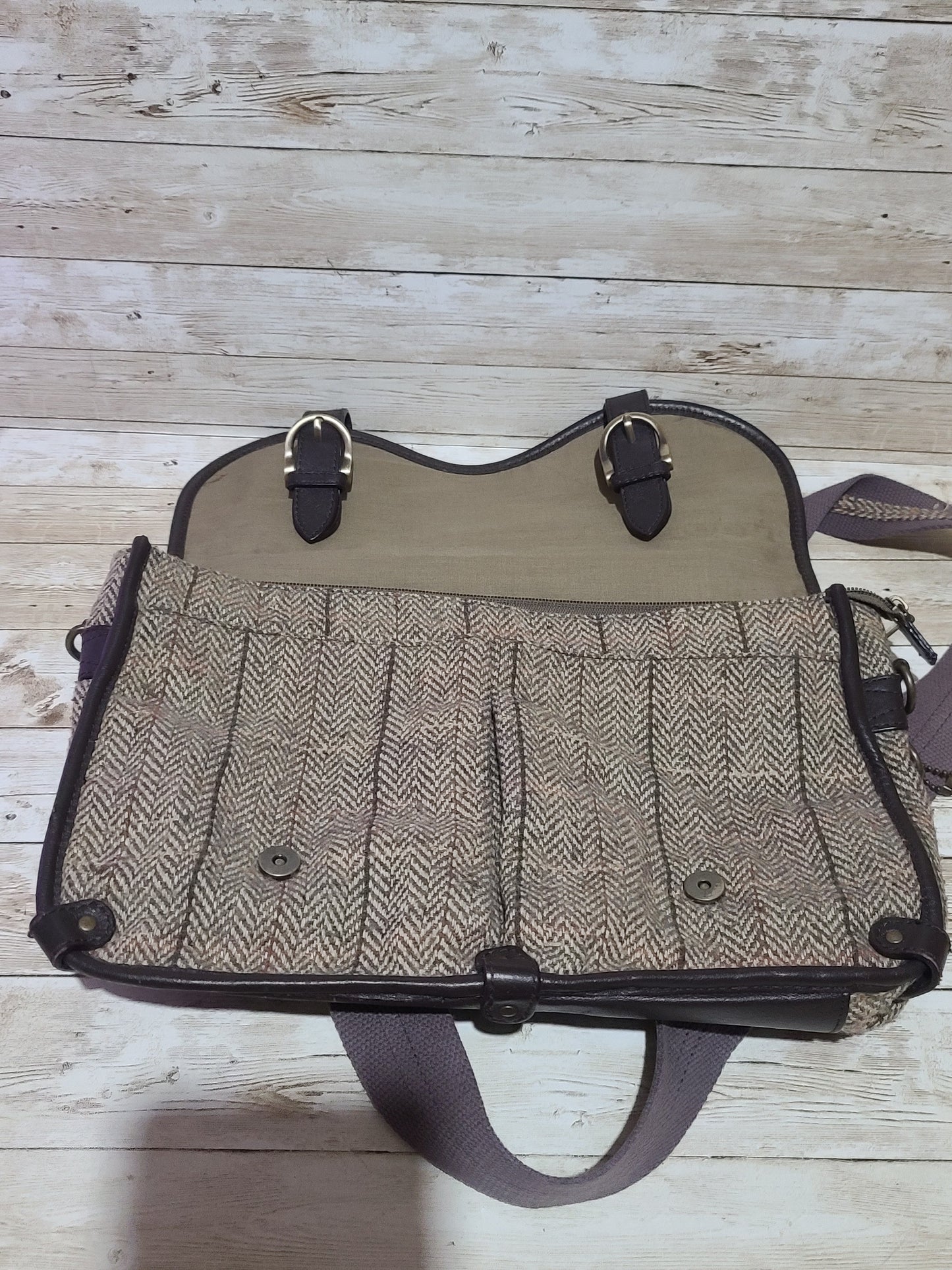 Dents Tweed & Leather Satchel Bag Brown Herringbone Crossbody Heritage 32cm Preloved