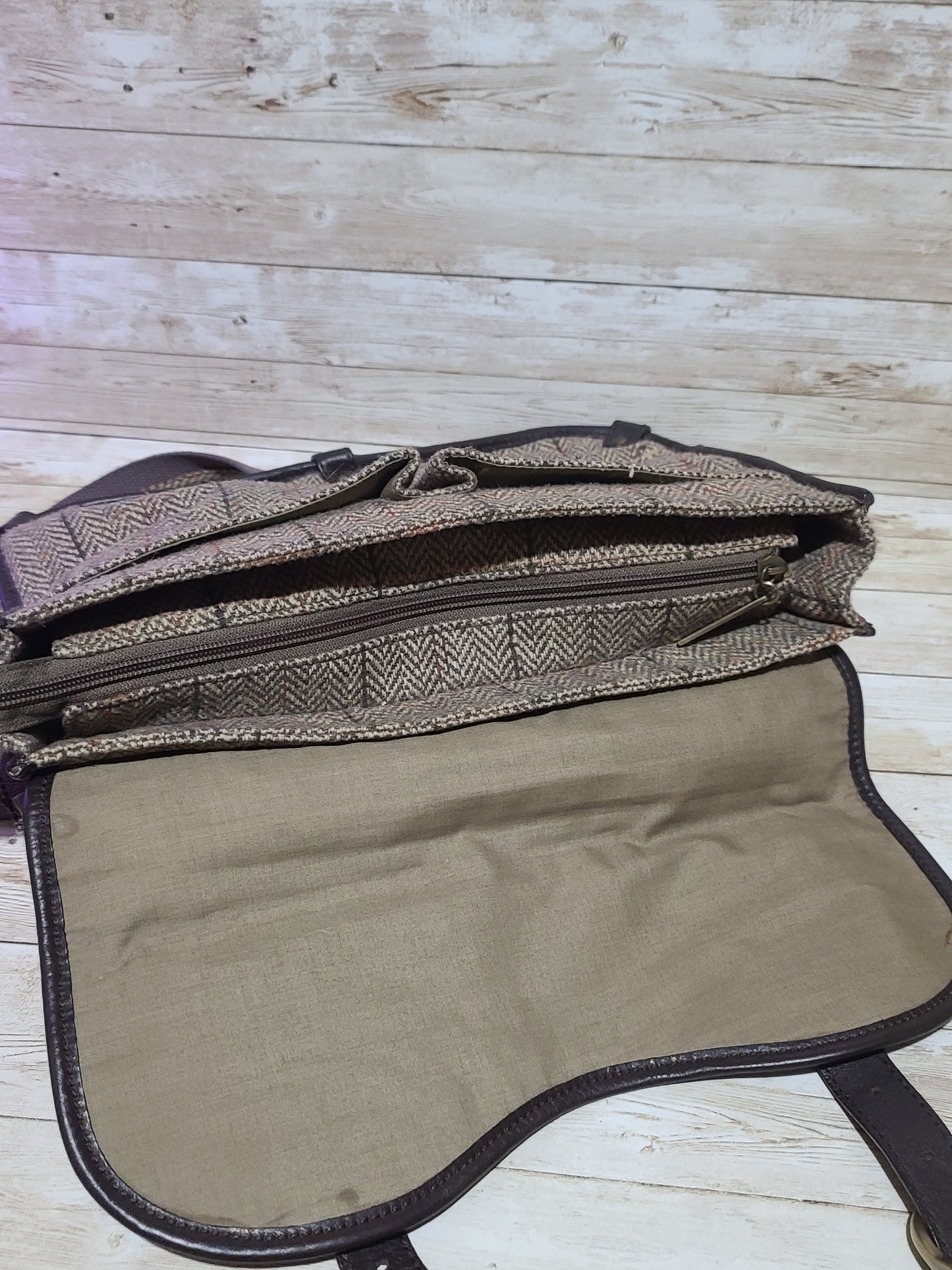 Dents Tweed & Leather Satchel Bag Brown Herringbone Crossbody Heritage 32cm Preloved