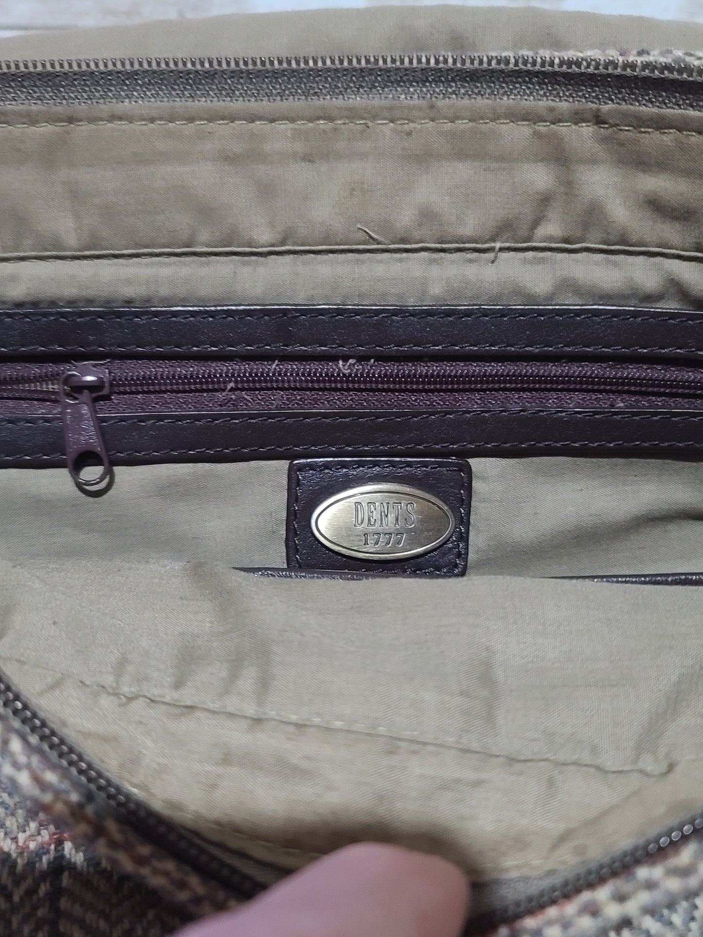 Dents Tweed & Leather Satchel Bag Brown Herringbone Crossbody Heritage 32cm Preloved