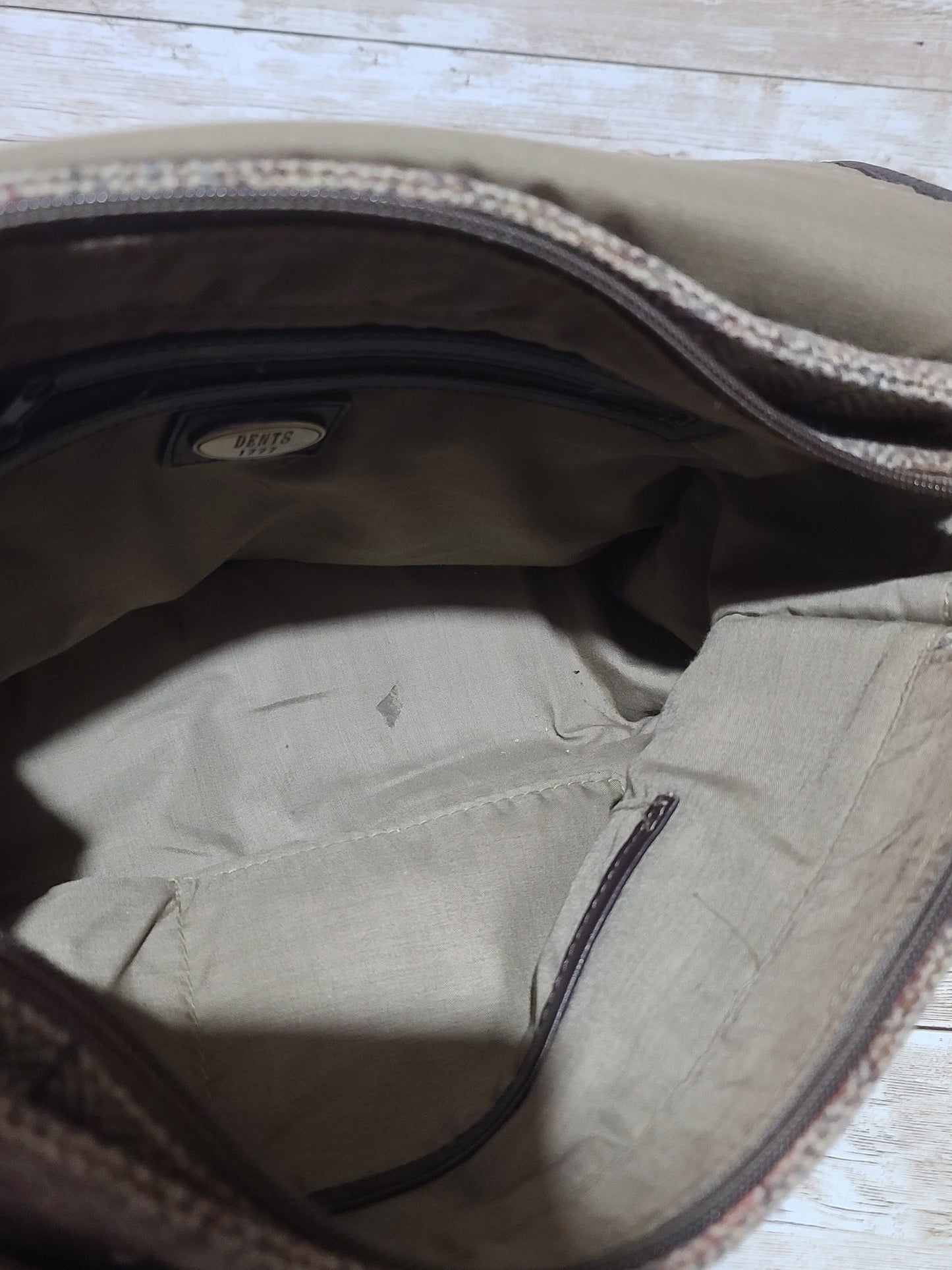 Dents Tweed & Leather Satchel Bag Brown Herringbone Crossbody Heritage 32cm Preloved