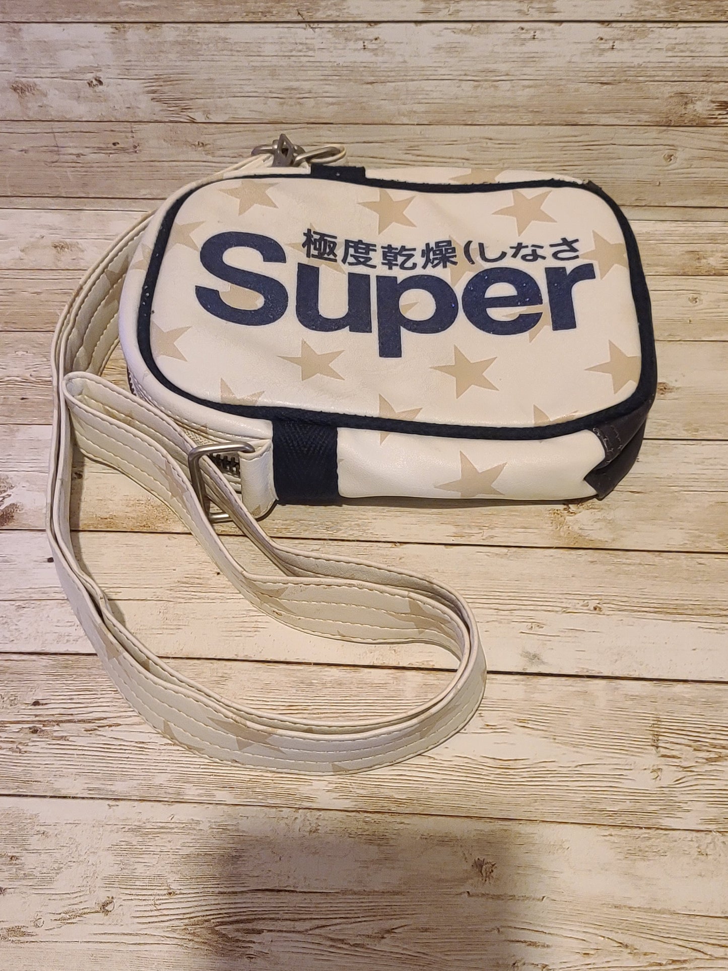 Vintage Superdry Cream/Beige Side Bag/ Crossbody Bag Gold Stars & Glittered Logo