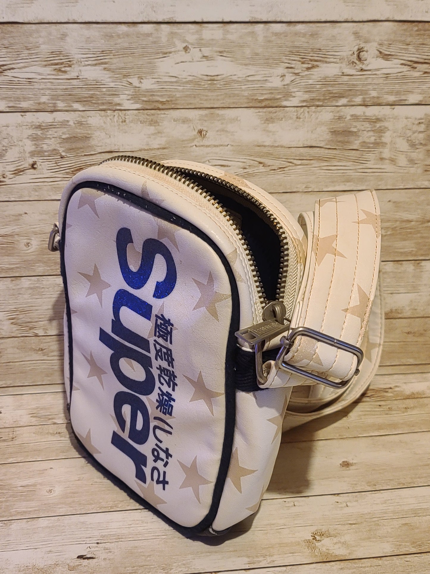 Vintage Superdry Cream/Beige Side Bag/ Crossbody Bag Gold Stars & Glittered Logo