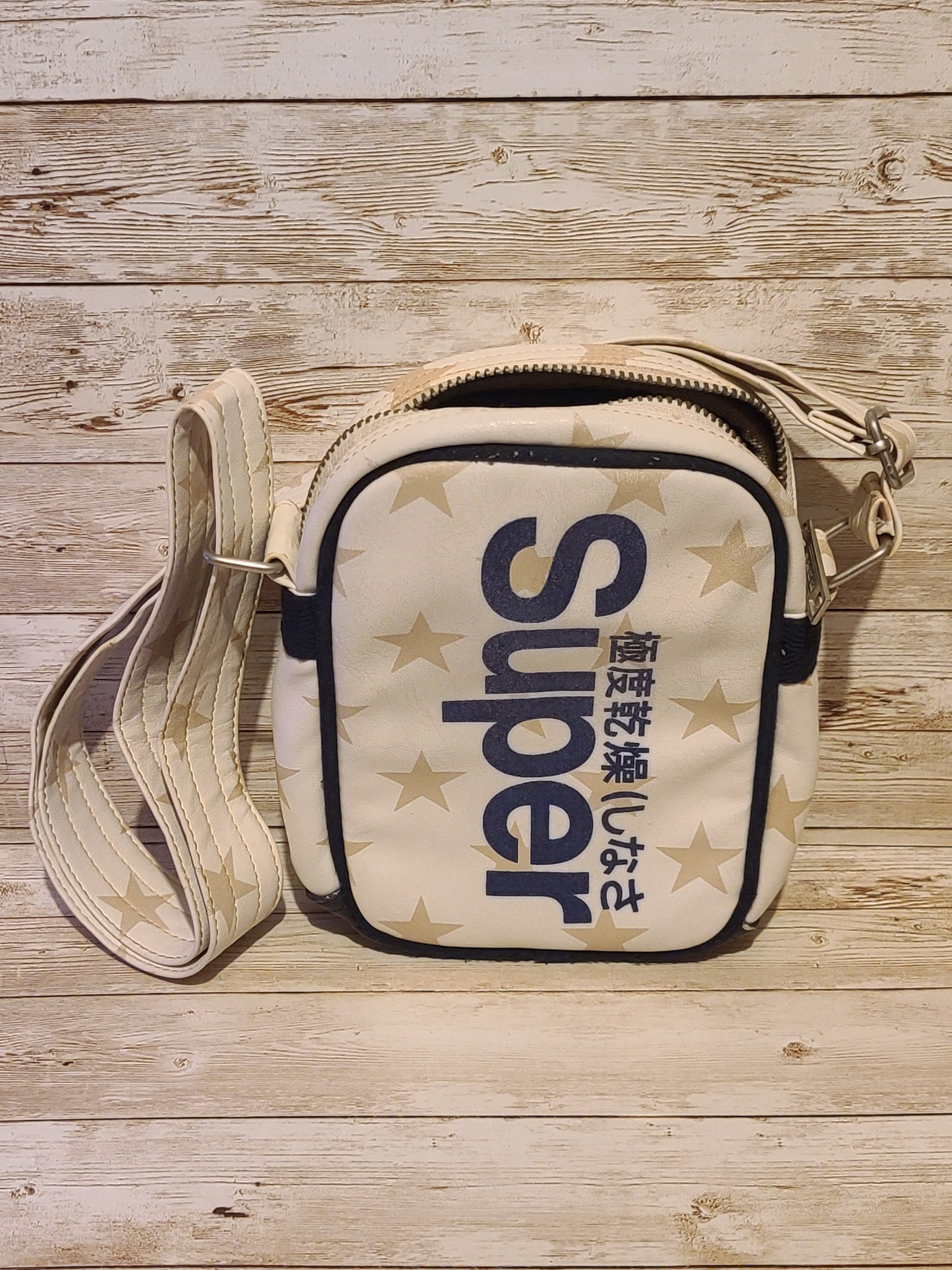 Vintage Superdry Cream/Beige Side Bag/ Crossbody Bag Gold Stars & Glittered Logo