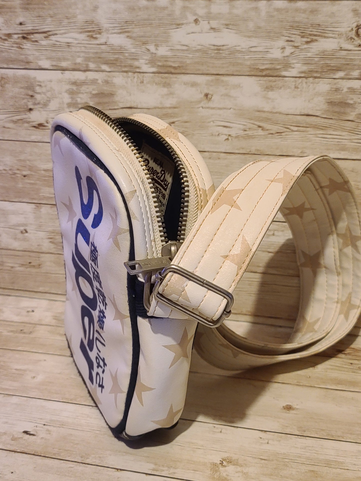 Vintage Superdry Cream/Beige Side Bag/ Crossbody Bag Gold Stars & Glittered Logo